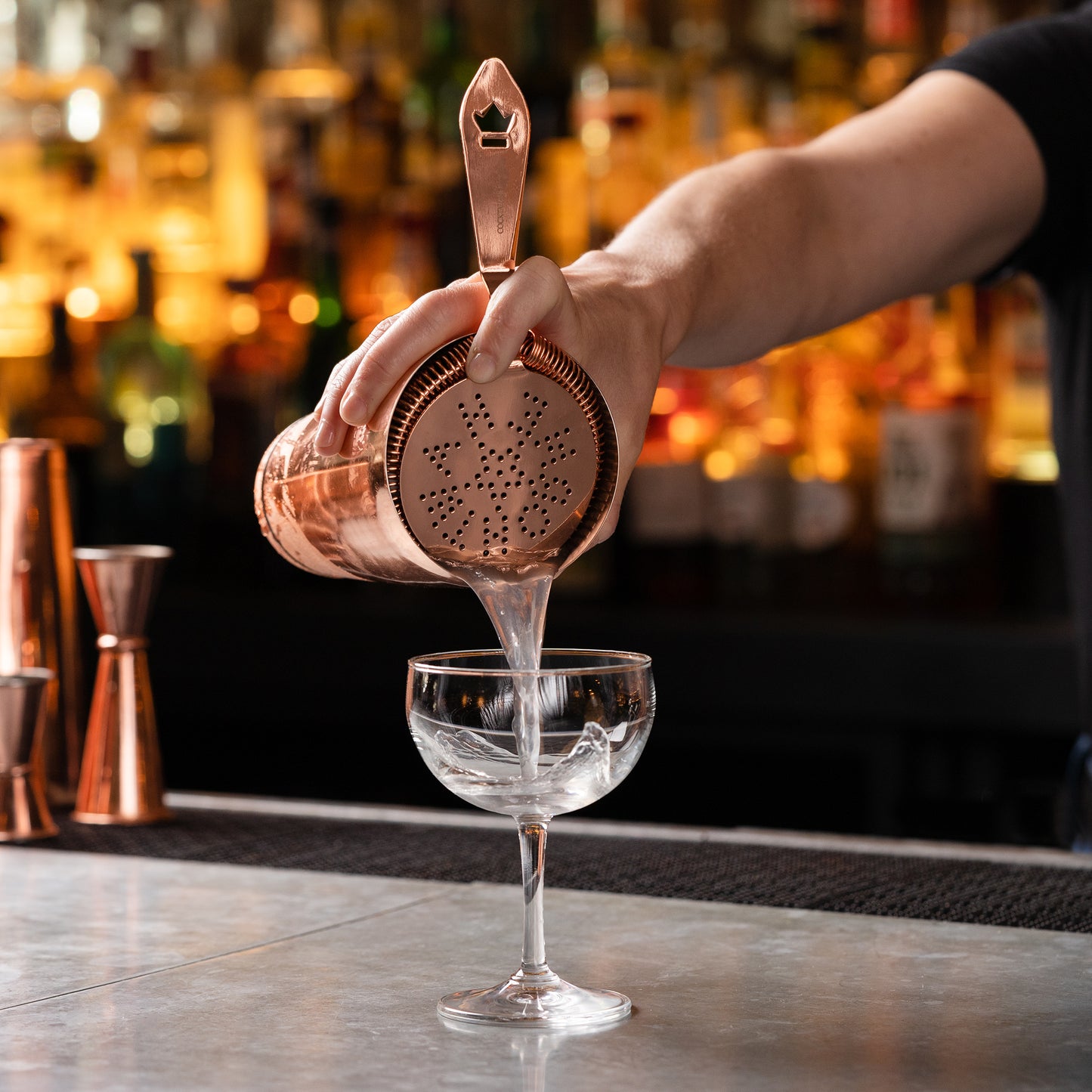 LARGE ANTIQUE-STYLE COCKTAIL STRAINER / COPPER-PLATED