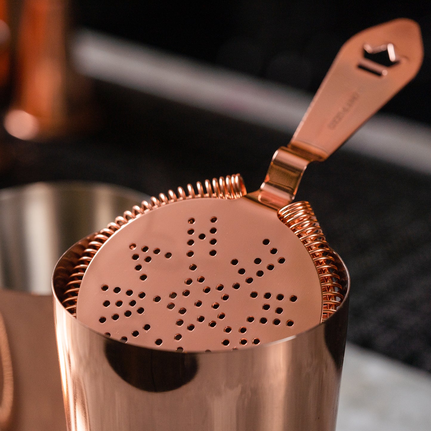LARGE ANTIQUE-STYLE COCKTAIL STRAINER / COPPER-PLATED